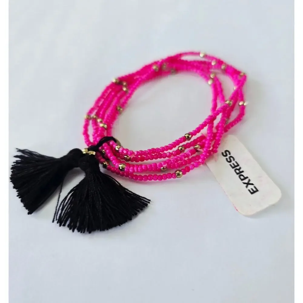 Express Pink Beaded Stretch Tassle Bracelet Set New